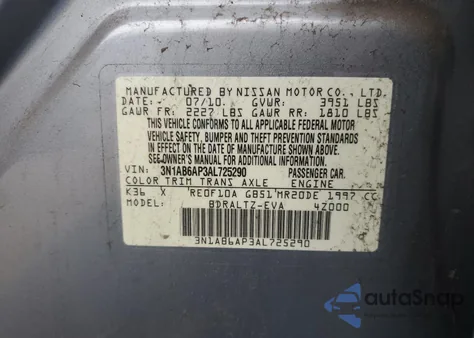 2010 Nissan Sentra 2.0 from USA, damaged, VIN 3N1AB6AP3AL725290
